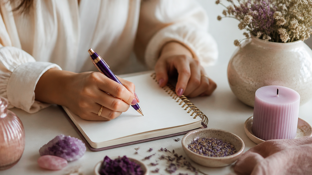 Mãos escrevendo afirmações positivas em caderno durante prática de fortalecimento da autoestima