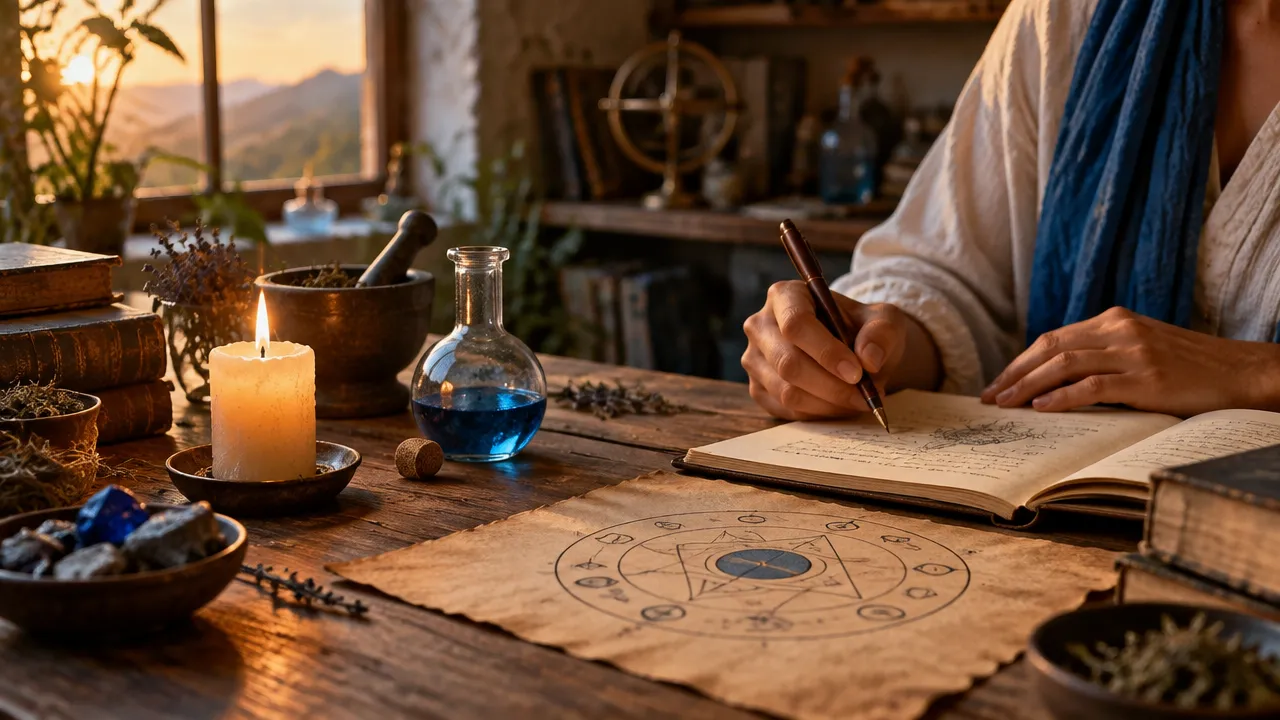 Mãos escrevendo em um caderno ao lado de um frasco e vela, simbolizando autoconhecimento e transformação interior