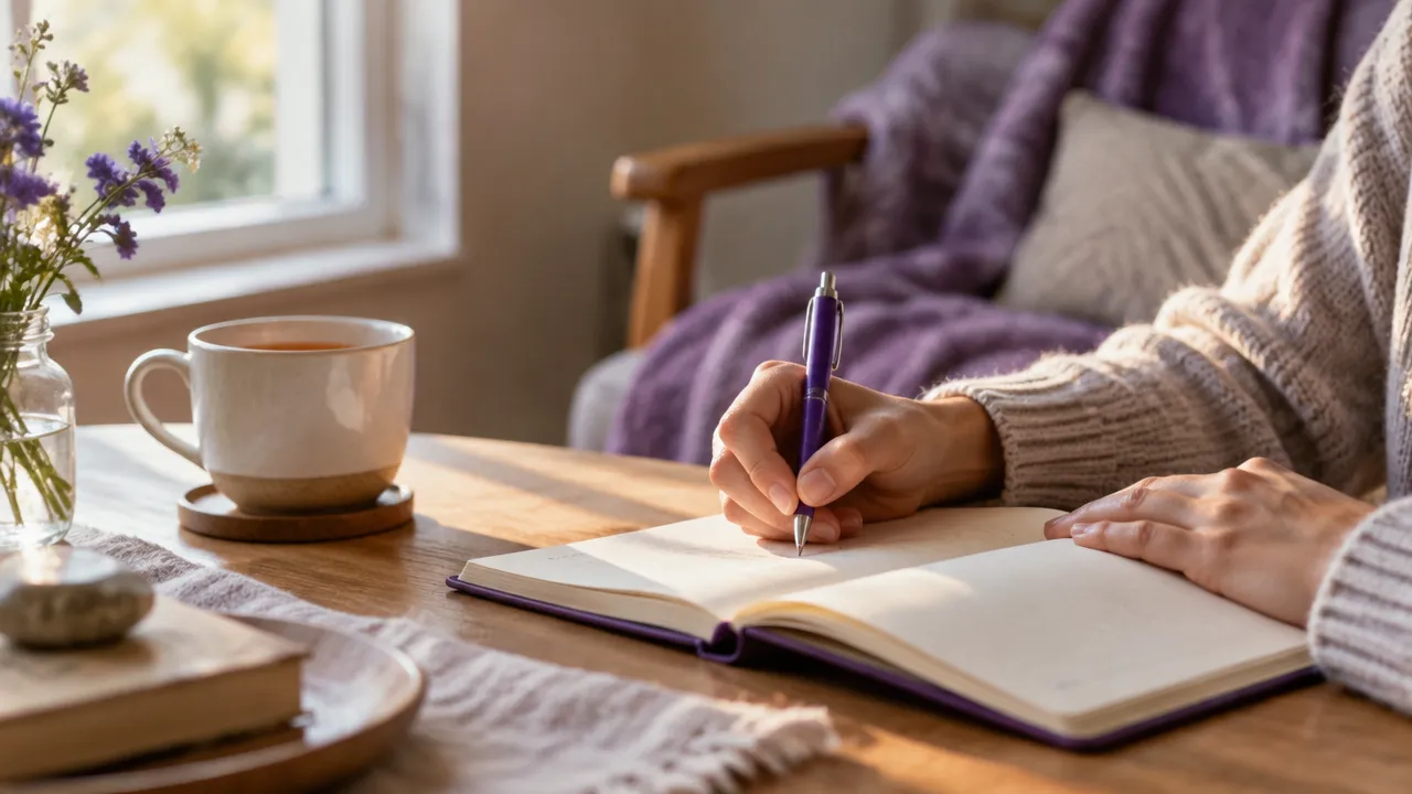 Mãos escrevendo em um caderno ao lado de uma xícara em um momento tranquilo de autocuidado durante o luto