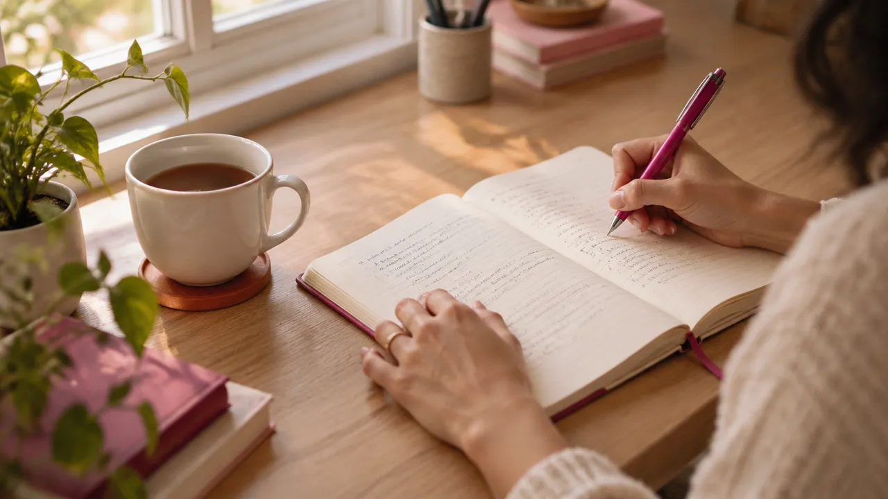 Mãos escrevendo em um caderno durante um exercício de reflexão sobre valores e escolhas pessoais