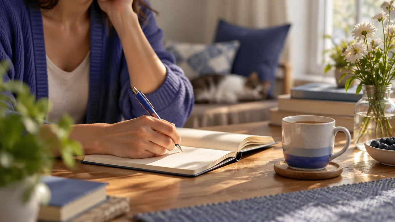 Mãos escrevendo em um caderno durante uma pausa reflexiva para organizar prioridades e reconhecer experiências positivas