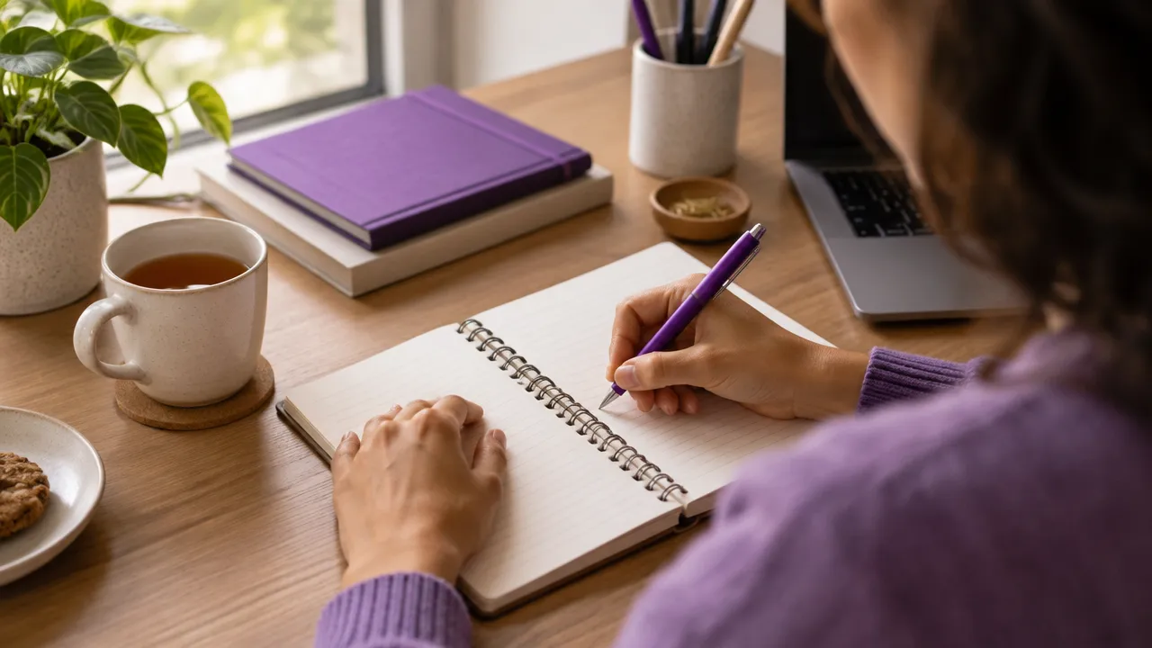 Mãos escrevendo em um caderno durante uma prática de autocoaching e reflexão pessoal