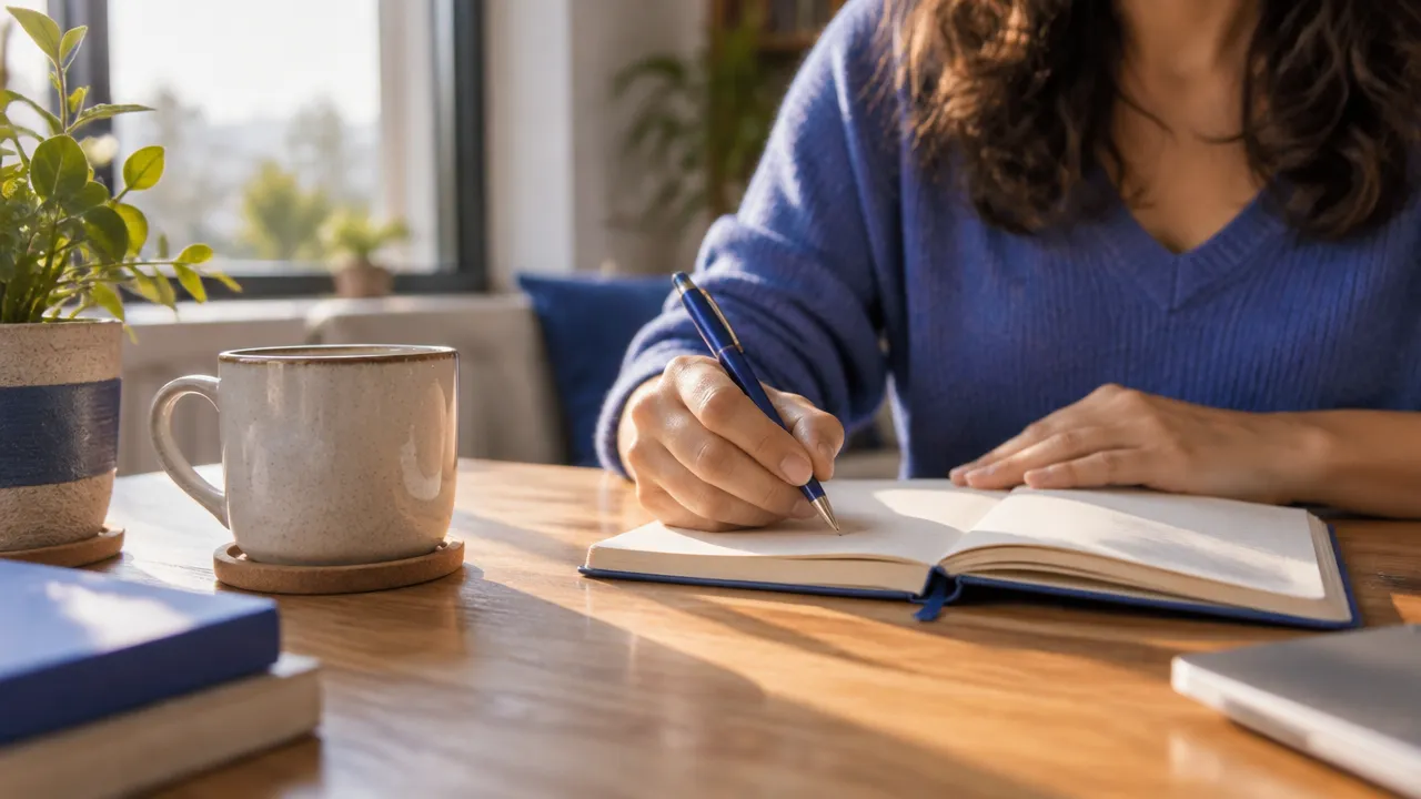 Mãos escrevendo em um caderno durante um exercício de reflexão sobre valores e próximos passos