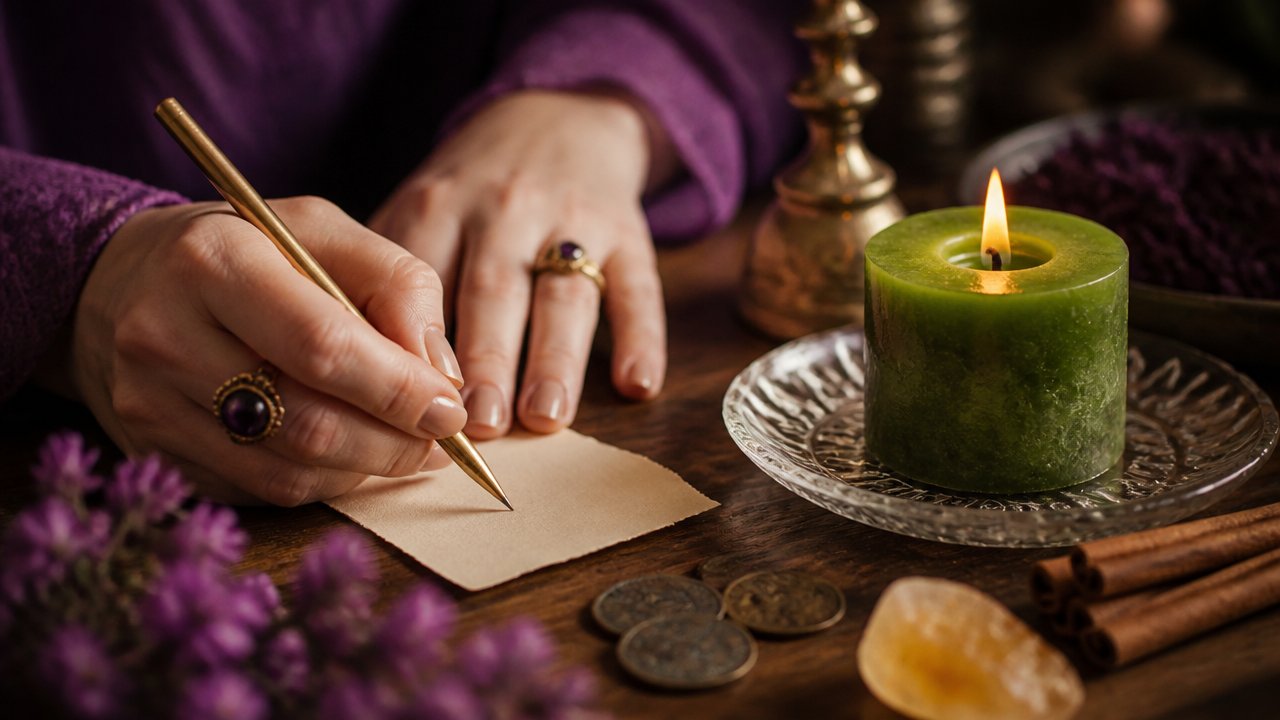 Mãos escrevendo intenção financeira ao lado de vela verde acesa em ritual de prosperidade