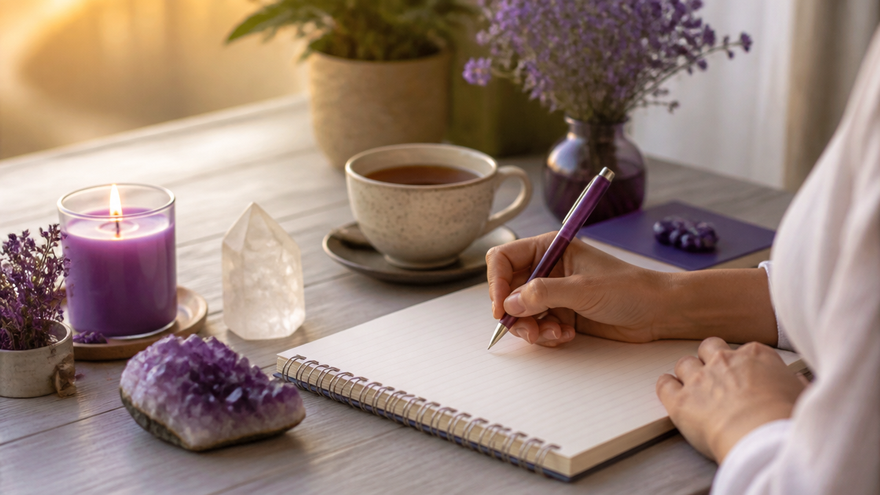 Mãos escrevendo intenções em um caderno ao lado de vela e cristal, em preparação para uma prática meditativa.
