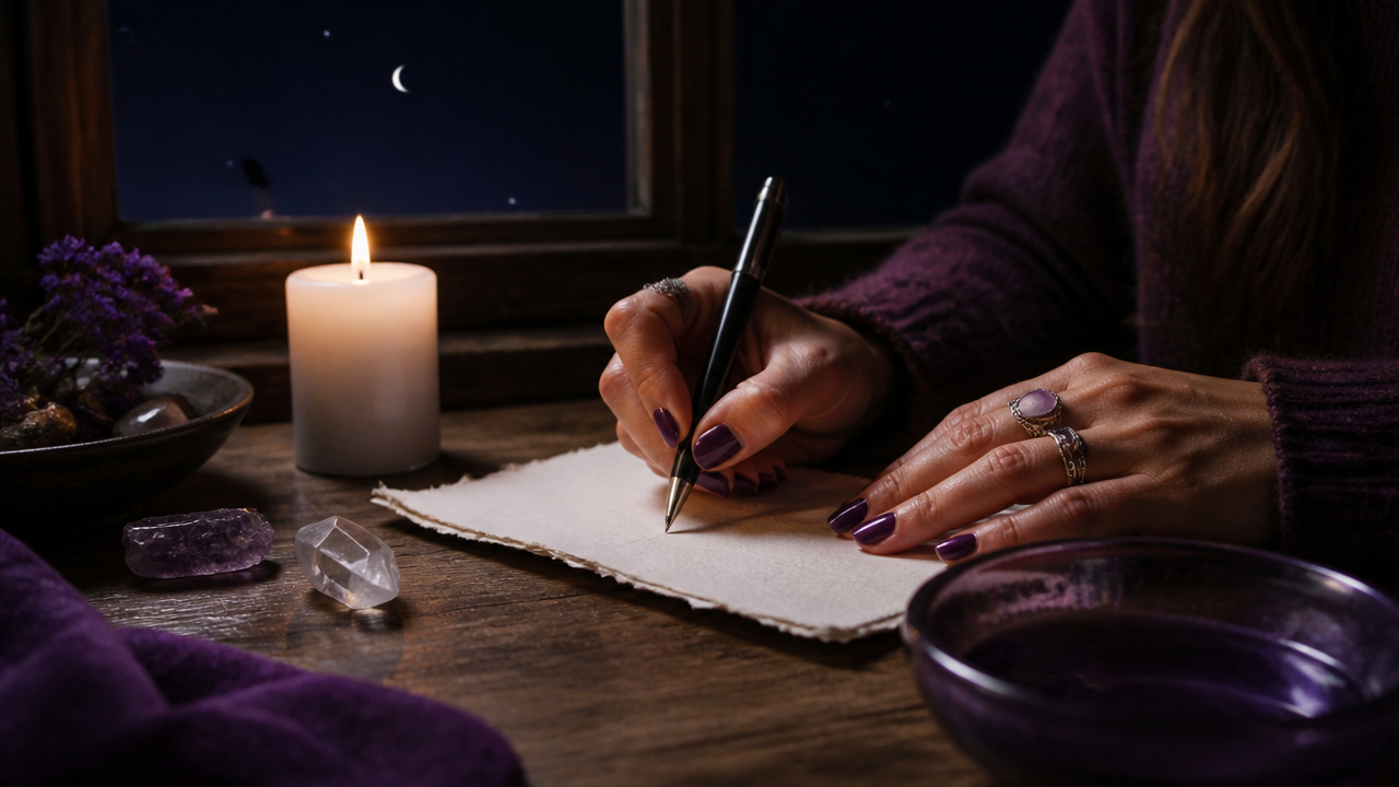 Mãos escrevendo intenções em um ritual de Lua Nova com vela branca e cristal