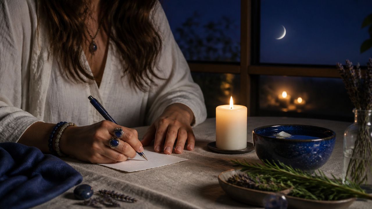 Mãos escrevendo intenções para a lua nova em mesa com vela e elementos espirituais