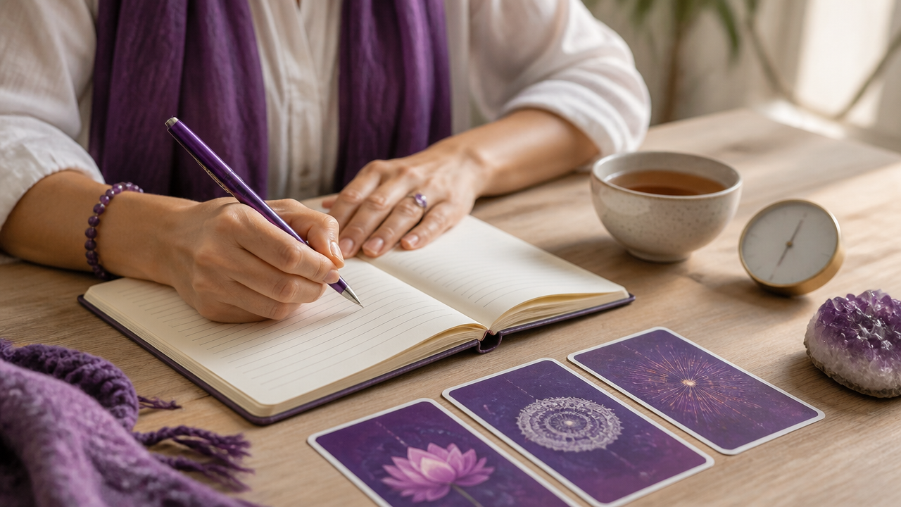 Mãos escrevendo roteiro de meditação ao lado de cartas de oráculo