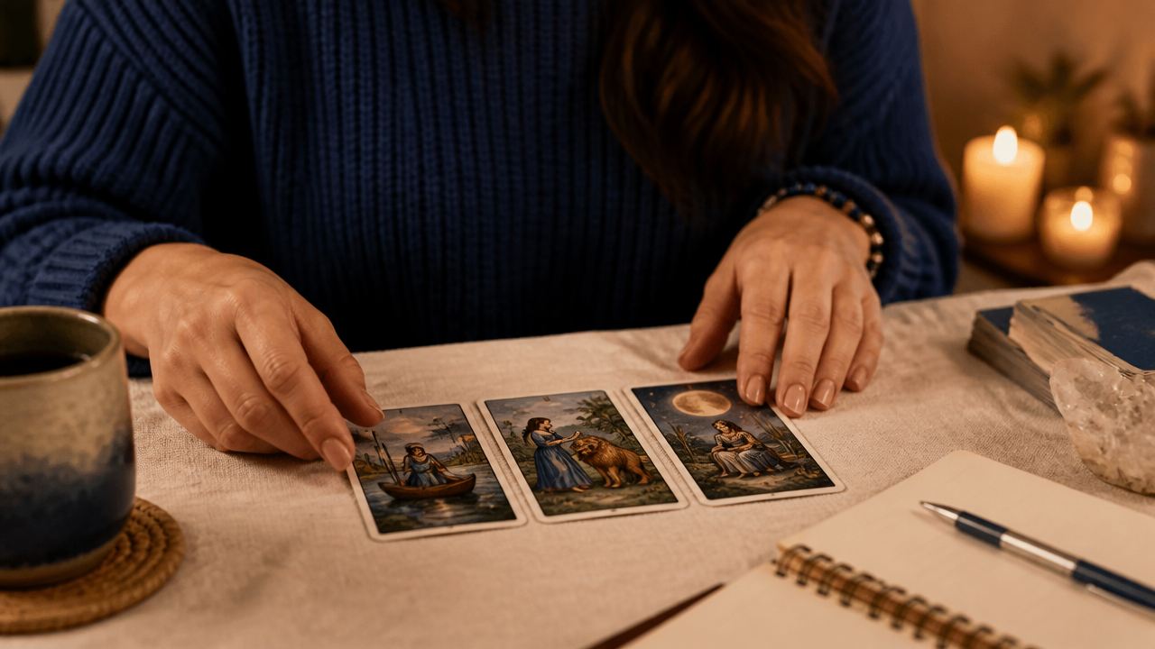 Mãos fazendo uma tiragem simples de três cartas do baralho cigano