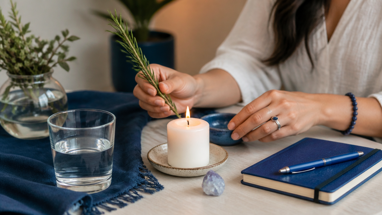 Mãos femininas preparando um ritual simples com vela, água, ervas e cristal