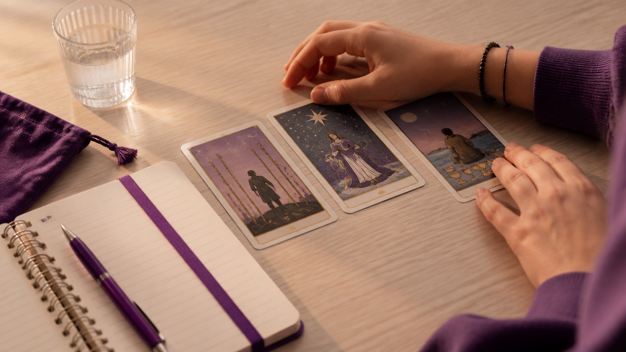 Mãos jovens organizando cartas de tarot ao lado de um caderno de anotações