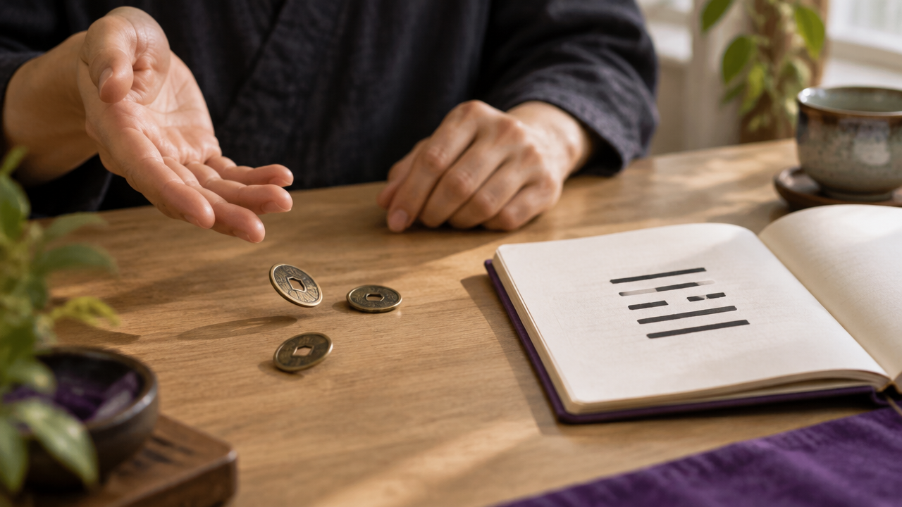 Mãos lançando três moedas ao lado de um caderno com linhas simbólicas para formar um hexagrama do I Ching