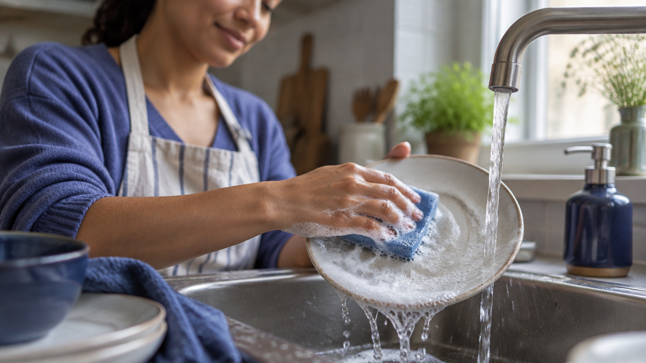 Mãos lavando um prato com atenção aos movimentos, à água e às sensações