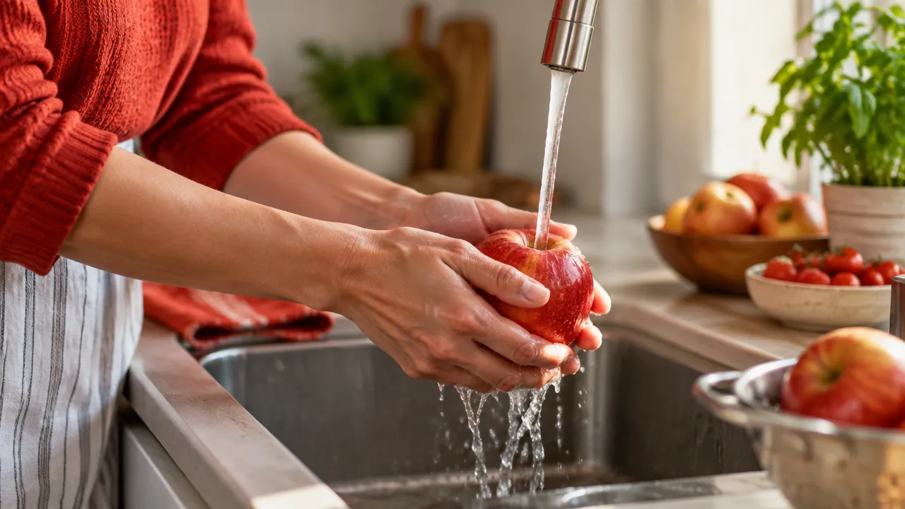 Mãos lavando uma fruta com atenção durante uma tarefa cotidiana
