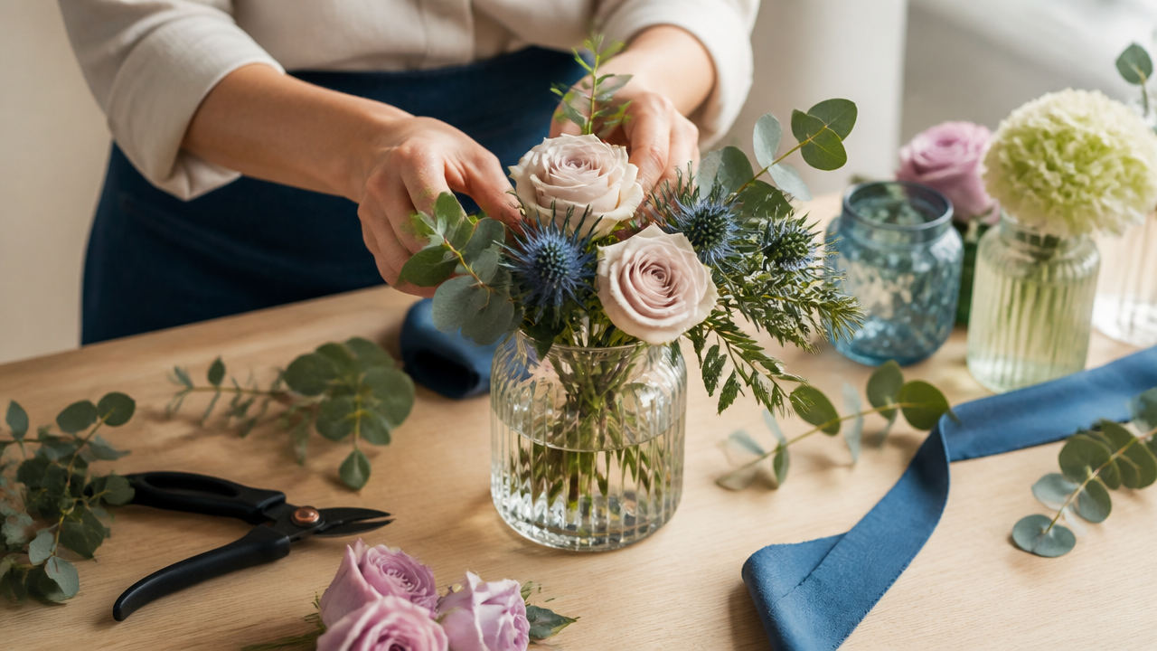 Mãos montando um arranjo floral delicado em casa para um ritual de autocuidado