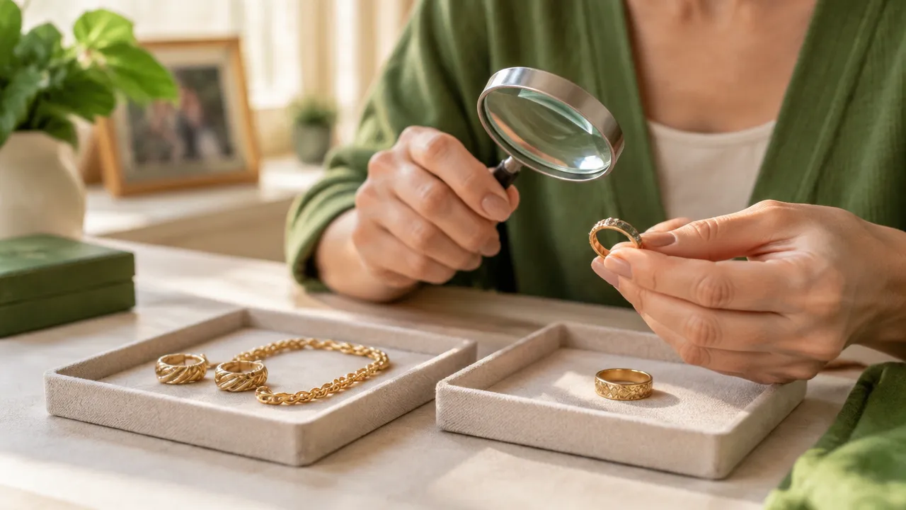 Mãos organizam brincos, pulseira e anel de ouro enquanto avaliam quais joias podem ser analisadas.