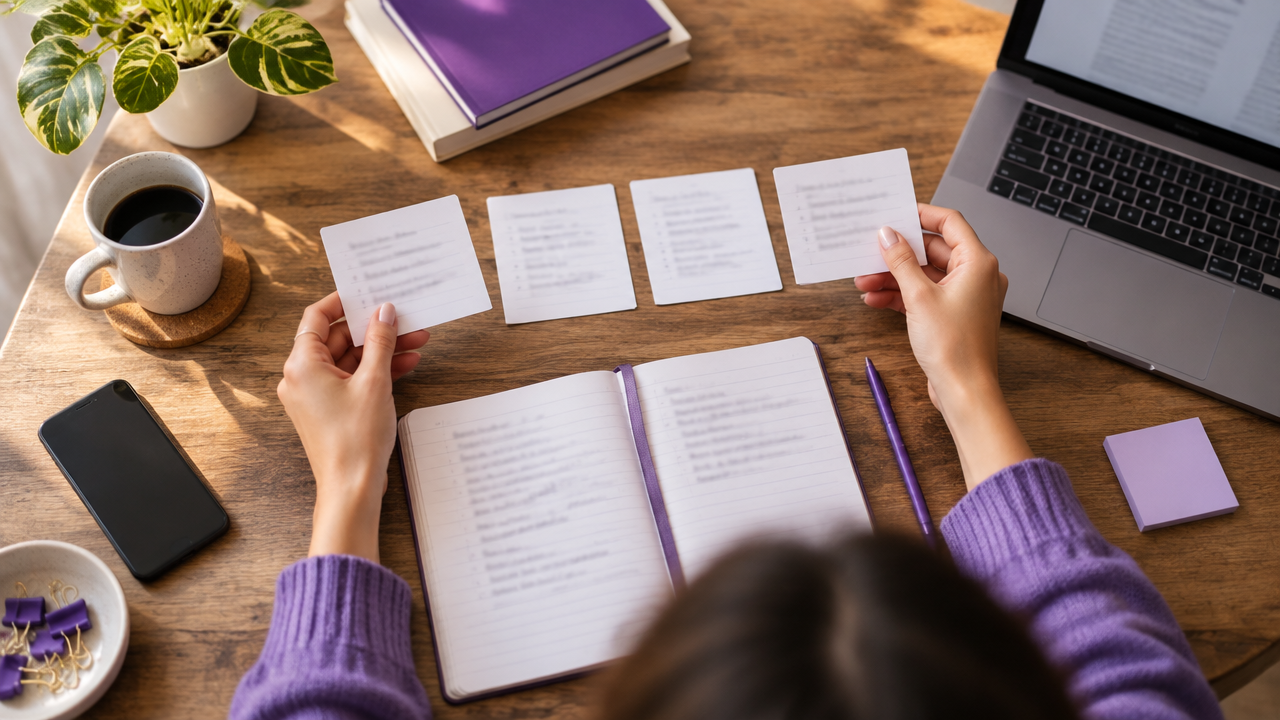 Mãos organizam cartões e notas para estruturar uma mensagem persuasiva para leitores de blog