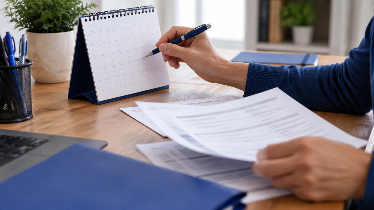 Mãos organizam documentos e calendário para acompanhar o prazo de análise de um benefício previdenciário
