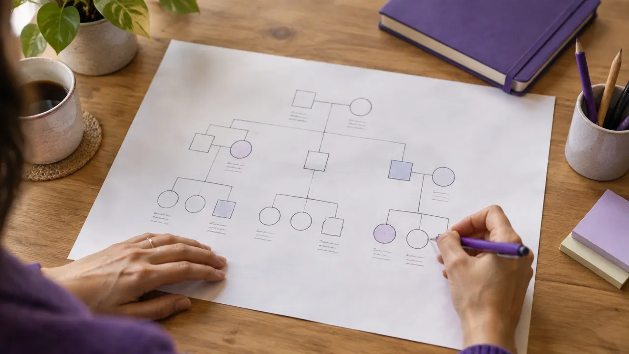 Mãos organizam em papel um mapa familiar de três gerações com linhas e formas simples