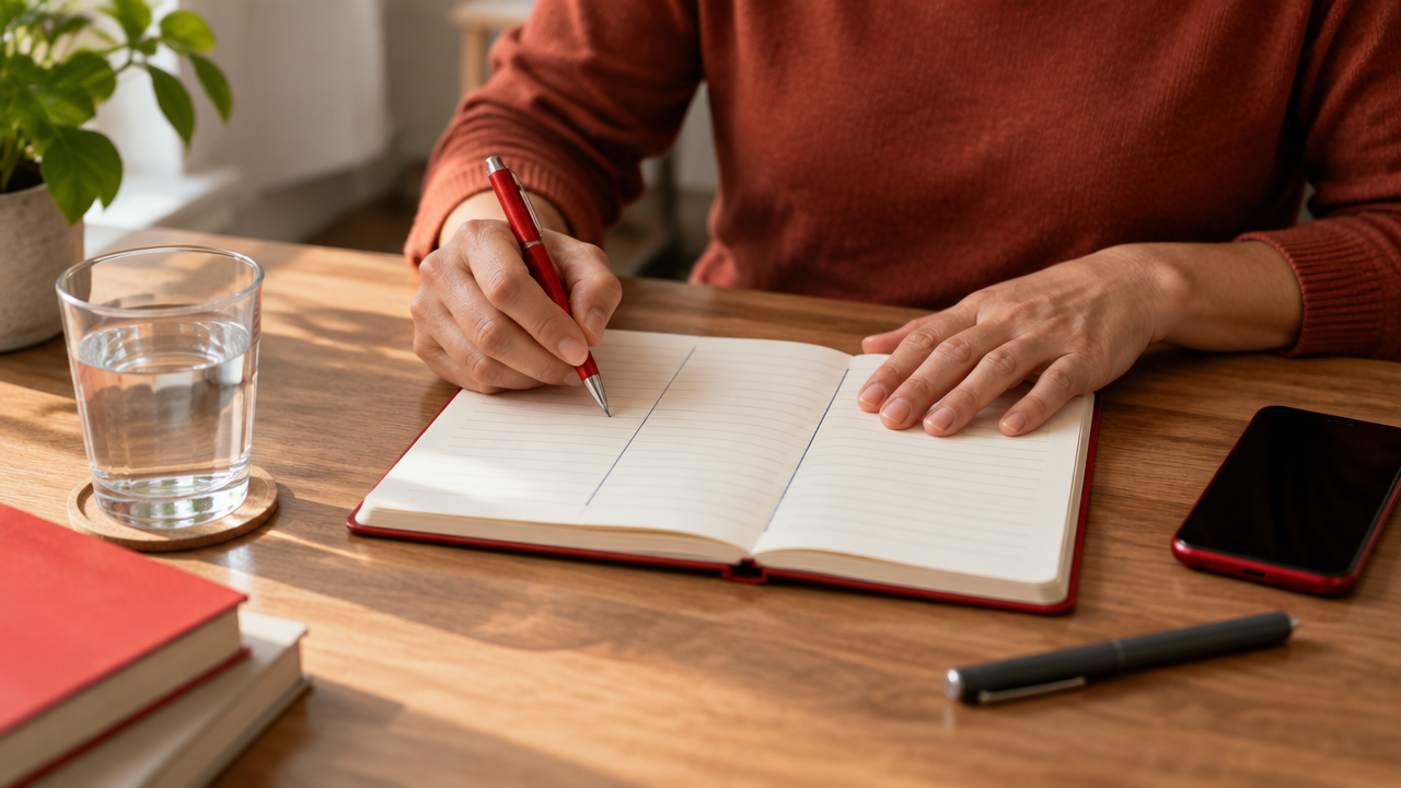 Mãos organizam fatos, valores e consequências em um caderno para avaliar um dilema ético