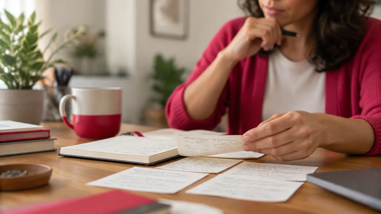 Mãos organizam feedbacks escritos em um caderno para comparar situações e comportamentos recorrentes
