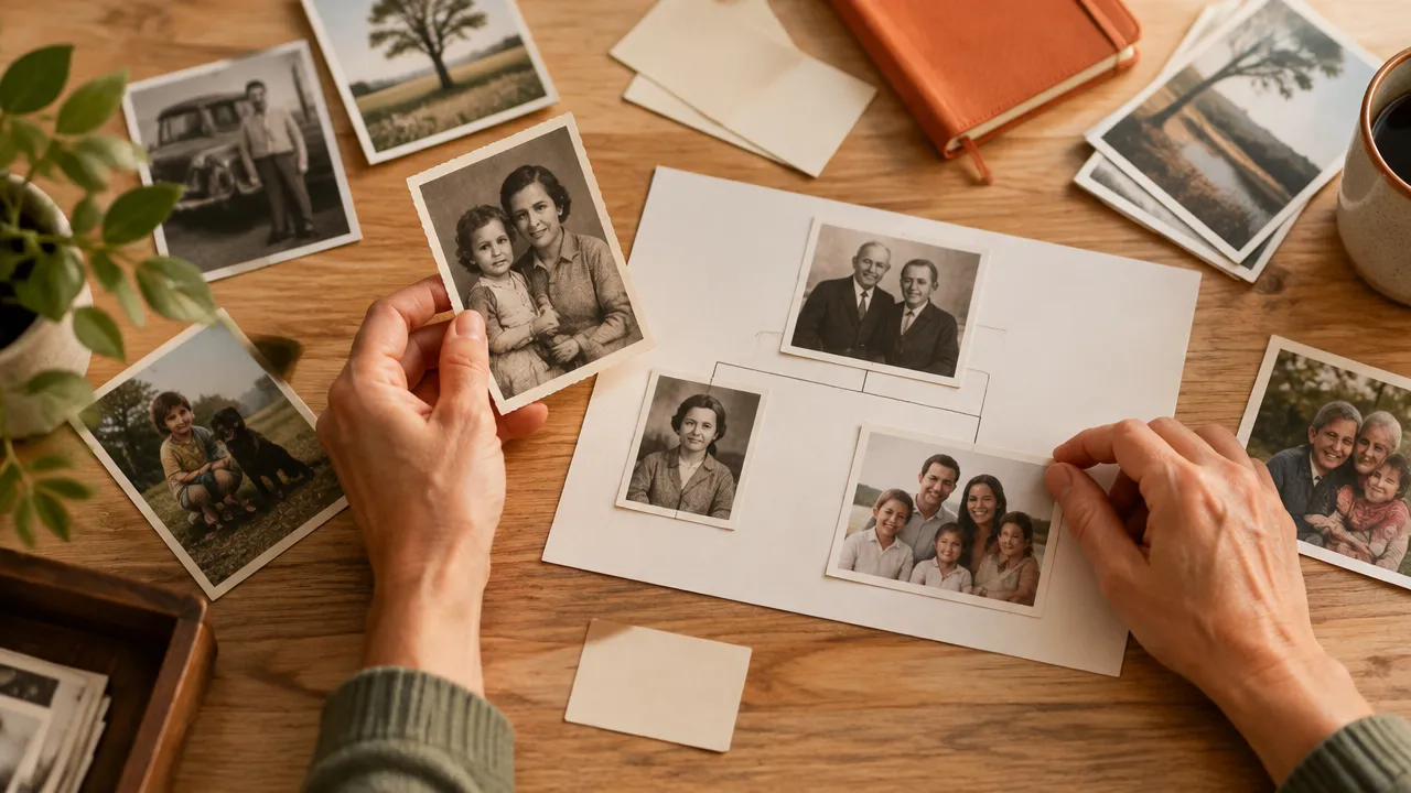 Mãos organizam fotografias de diferentes gerações para observar histórias e padrões familiares