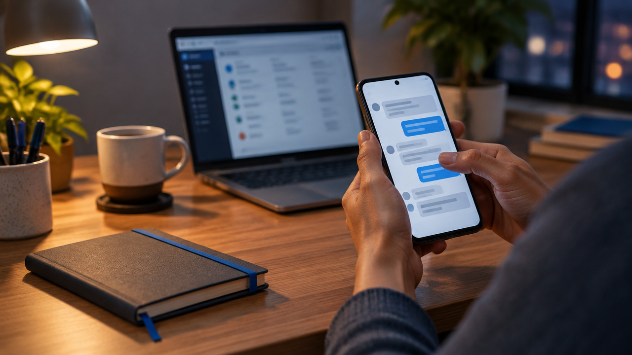 Mãos organizam mensagens recebidas no celular para triagem segura no próximo expediente