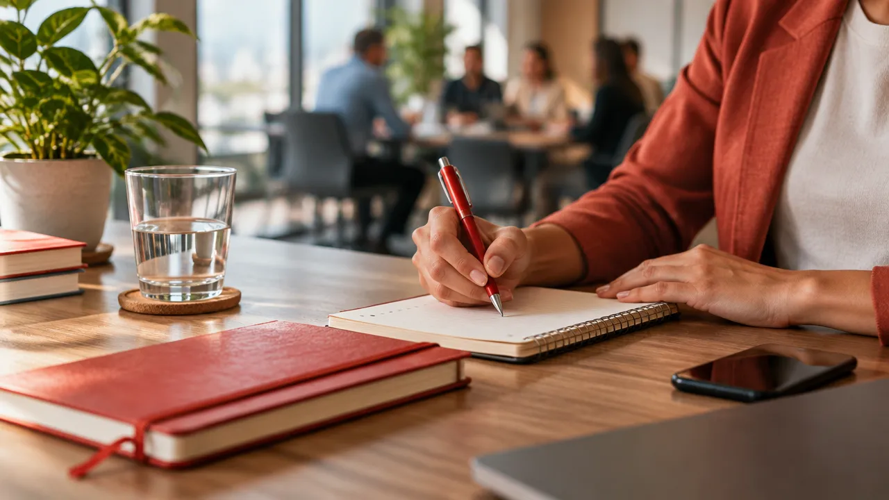 Mãos organizam prioridades em um caderno durante uma pausa consciente no ambiente de trabalho