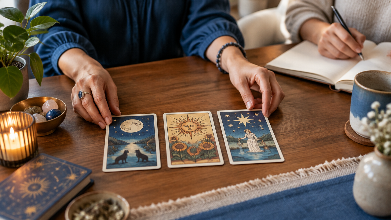 Mãos organizam três cartas de Tarot em uma tiragem simples, ilustrando as etapas de uma leitura.