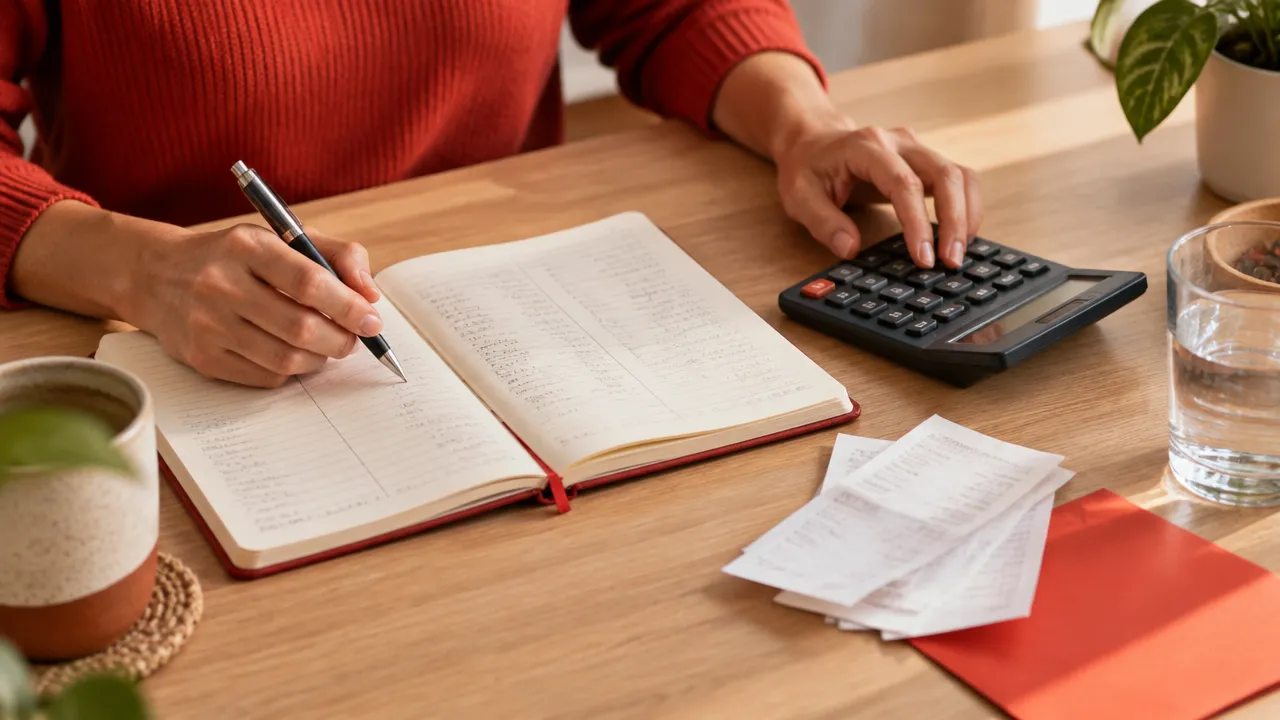 Mãos organizam um orçamento no caderno com calculadora durante uma revisão financeira calma.