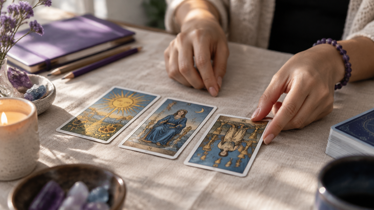 Mãos organizam uma tiragem de Tarot em que uma carta aparece de cabeça para baixo entre cartas em posição normal.
