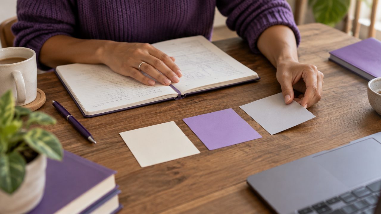 Mãos organizando anotações em um caderno para separar fatos, valores e opções antes de uma decisão de carreira.