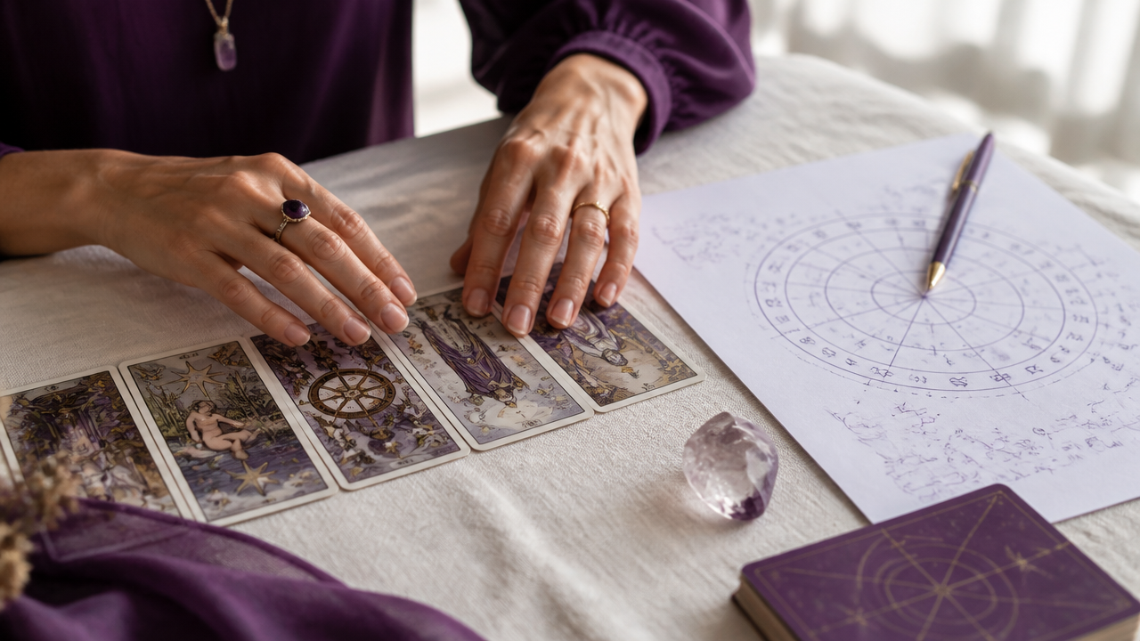 Mãos organizando cartas de tarot ao lado de anotações astrológicas durante uma leitura personalizada