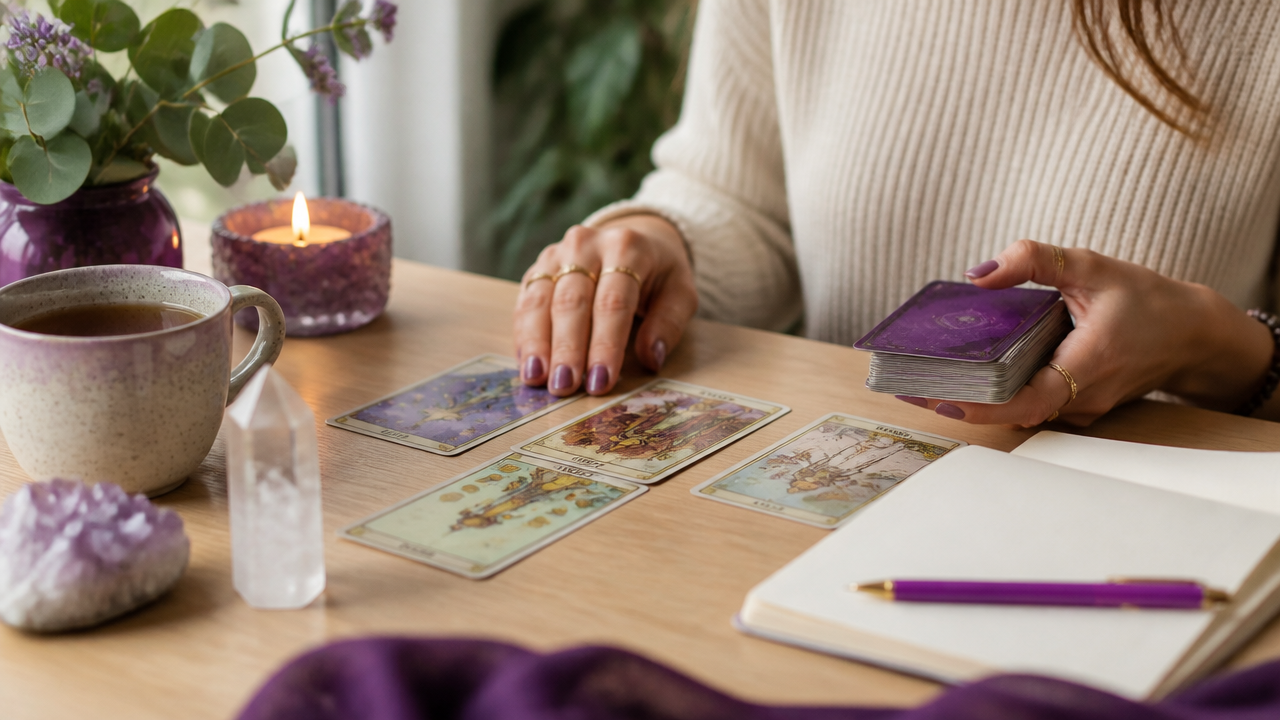 Mãos organizando cartas de tarot ao lado de um caderno, representando reflexão sobre padrões emocionais