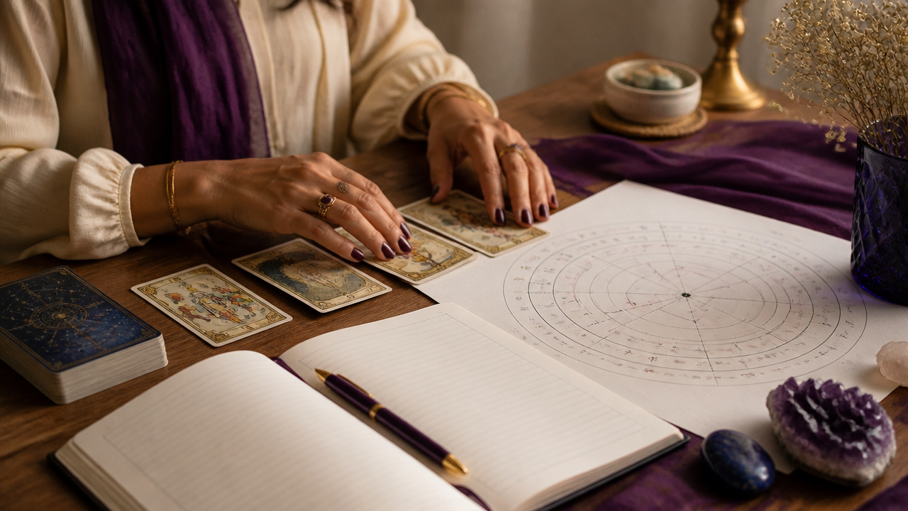 Mãos organizando cartas de tarot ao lado de um mapa astrológico e caderno de anotações
