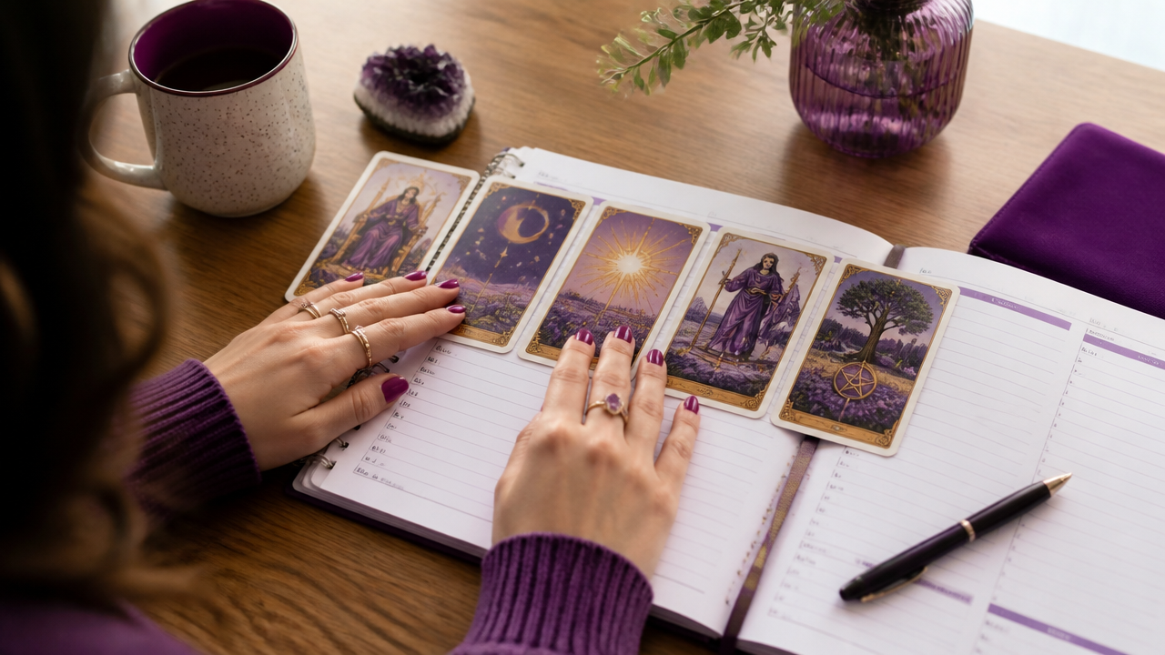 Mãos organizando cartas de tarot sobre um caderno de planejamento