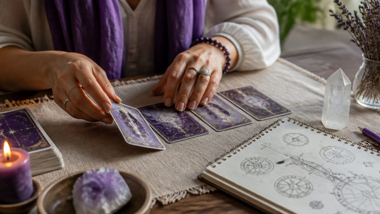 Mãos organizando cartas e anotações para interpretar símbolos em uma prática espiritual