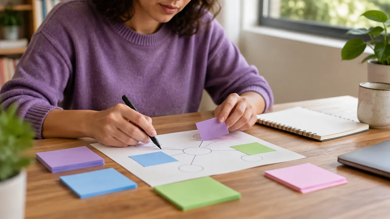 Mãos organizando cartões e desenhando conexões em uma folha para mapear fatos, emoções e necessidades num conflito.