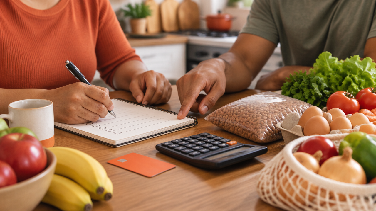 Mãos organizando compras semanais e saldo de benefício alimentar na mesa da cozinha