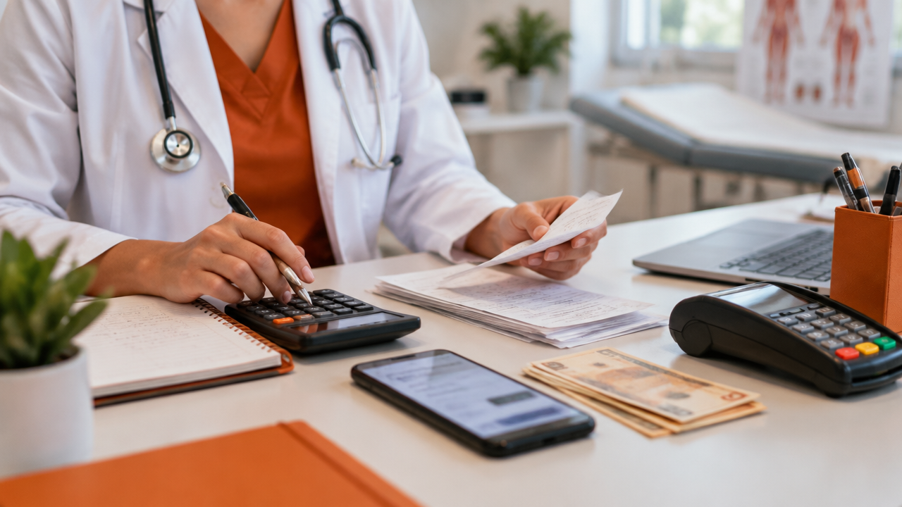 Mãos organizando comprovantes de pagamentos de pacientes por diferentes meios