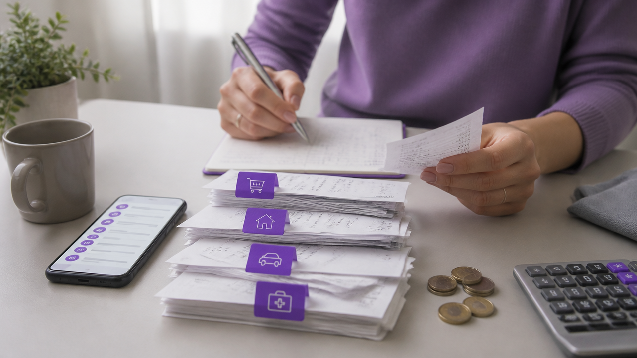 Mãos organizando comprovantes e categorias de despesas em uma mesa de trabalho
