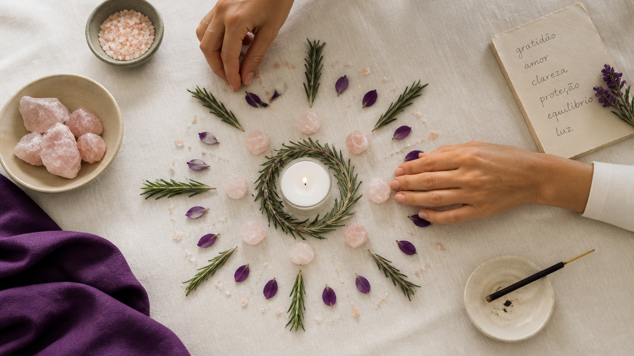 Mãos organizando cristais, ervas e vela em uma mandala energética