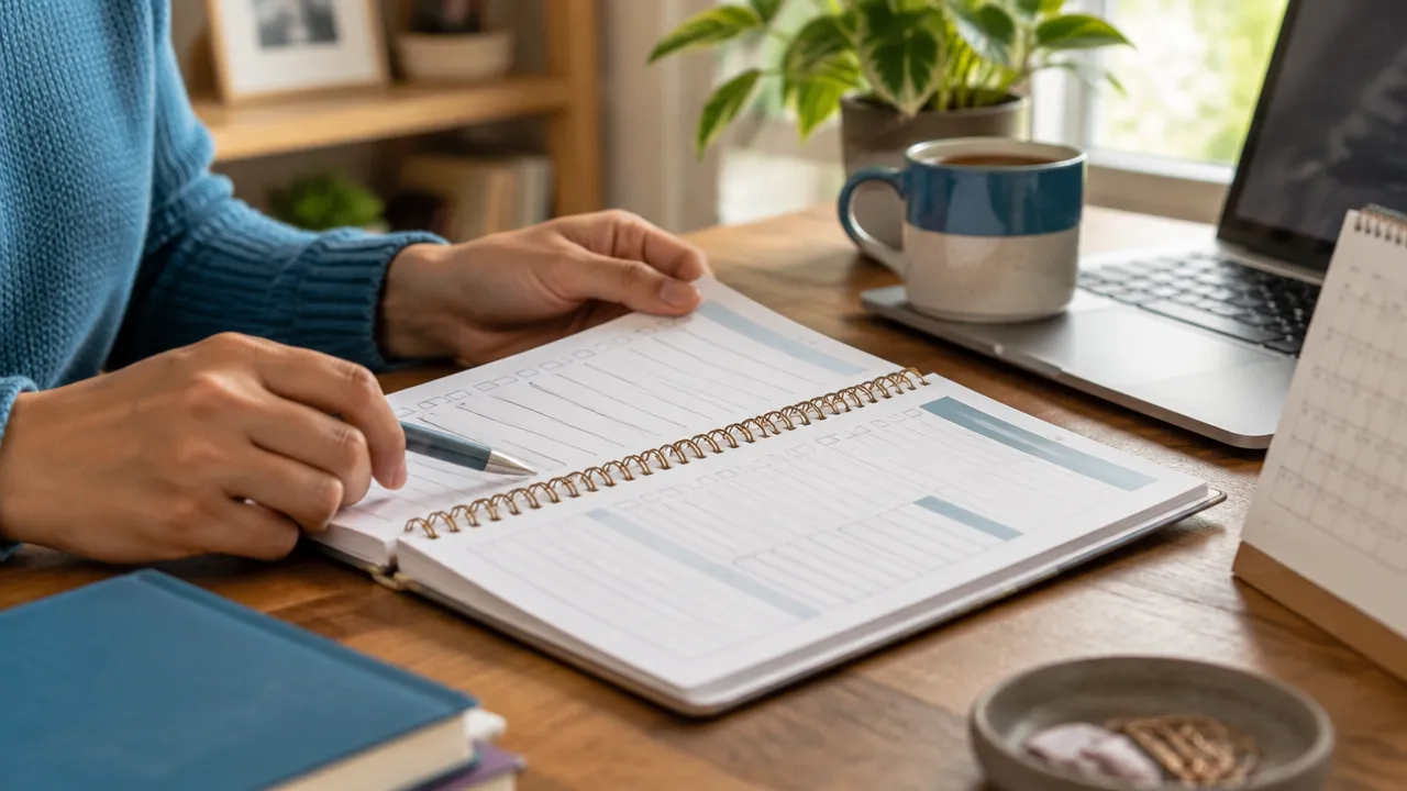Mãos organizando em um caderno etapas práticas para um plano de carreira