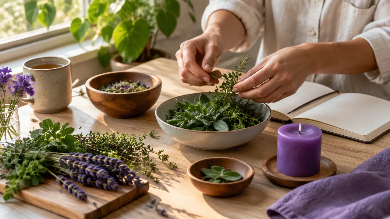 Mãos organizando ervas e objetos simples sobre uma mesa, em uma prática espiritual contemporânea ligada à natureza