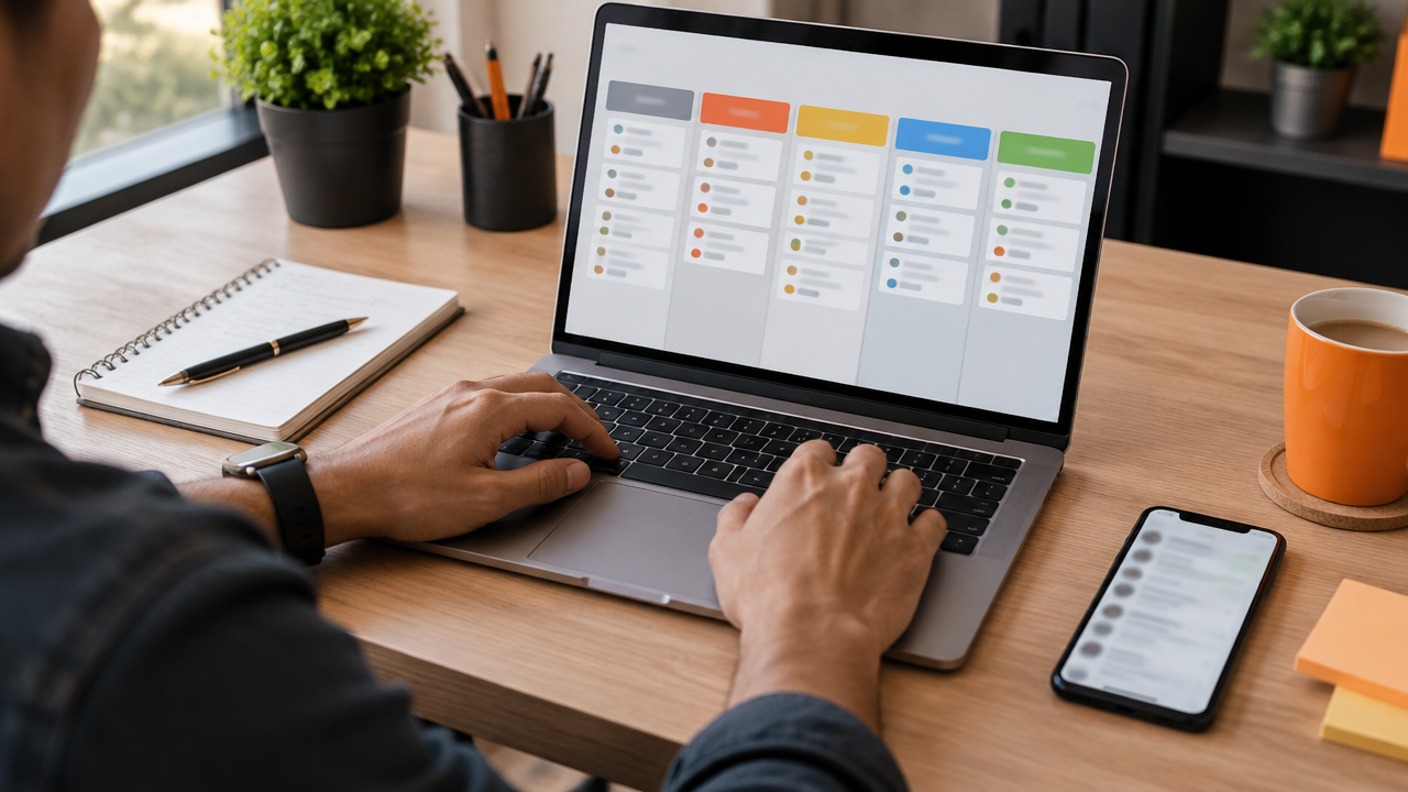 Mãos organizando etapas de oportunidades de venda em um quadro Kanban no laptop, com celular e anotações ao lado