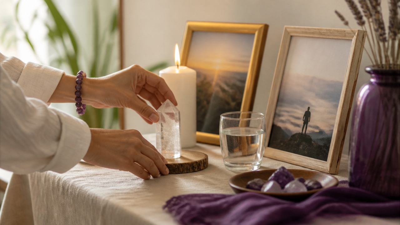 Mãos organizando fotos e elementos de um altar espiritual com cristal e vela branca