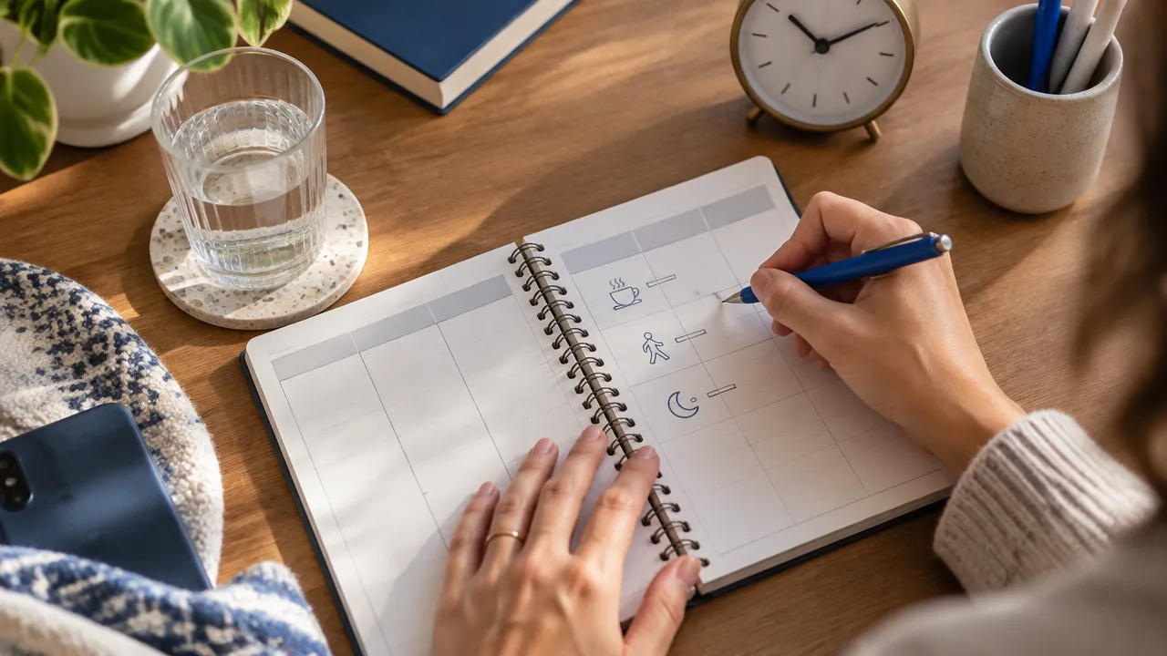Mãos organizando hábitos simples de autocuidado em uma agenda semanal