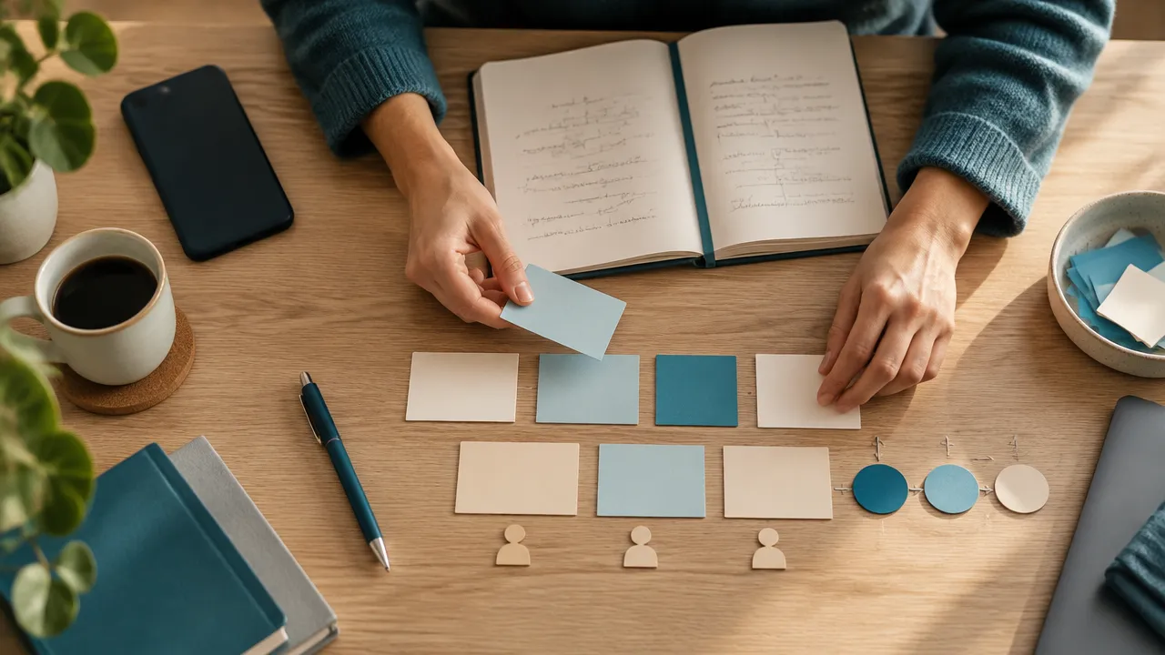 Mãos organizando notas e objetos em uma mesa para analisar as consequências de uma decisão ética