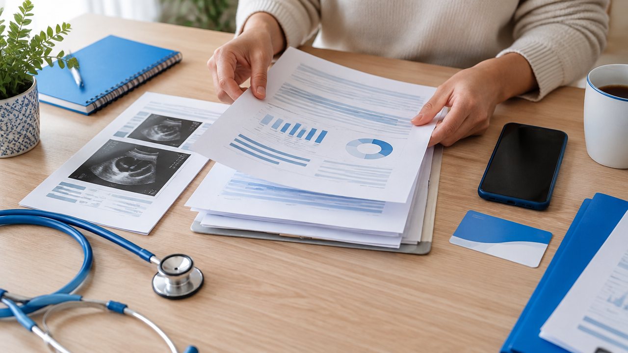 Mãos organizando relatório médico, exames e documentos do plano de saúde