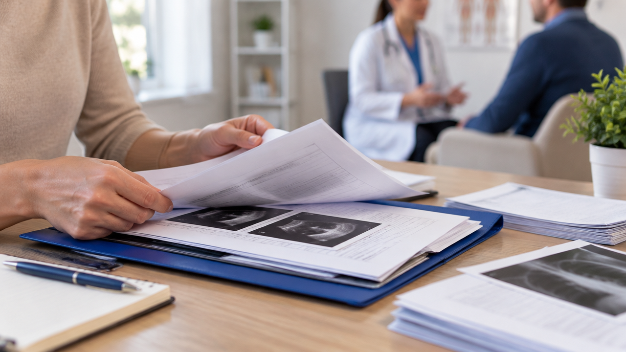 Mãos organizando relatórios médicos, exames e receitas para um pedido previdenciário